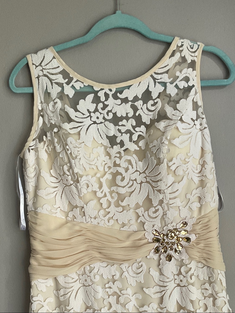 Montage by Mon Cheri Ivory Lace Maxi Dress with Champagne Sash - Picture 2 of 16